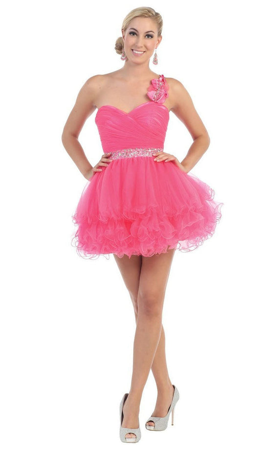 May Queen - One Shoulder Surplice Tiered Cocktail Dress