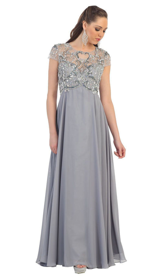 May Queen - Bejeweled Cap Sleeve Illusion Scoop Evening Dress