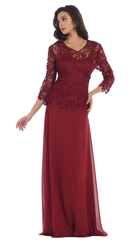Sheer Quarter Sleeve  Long Lace Evening Gown