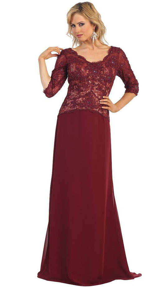 Lace Bodice Quarter Sleeve A-Line Evening Dress