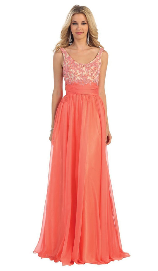 May Queen - MQ1199 Dazzling Sleeveless Beaded and Laced Scoop Neck A-Line Evening Dress In Orange