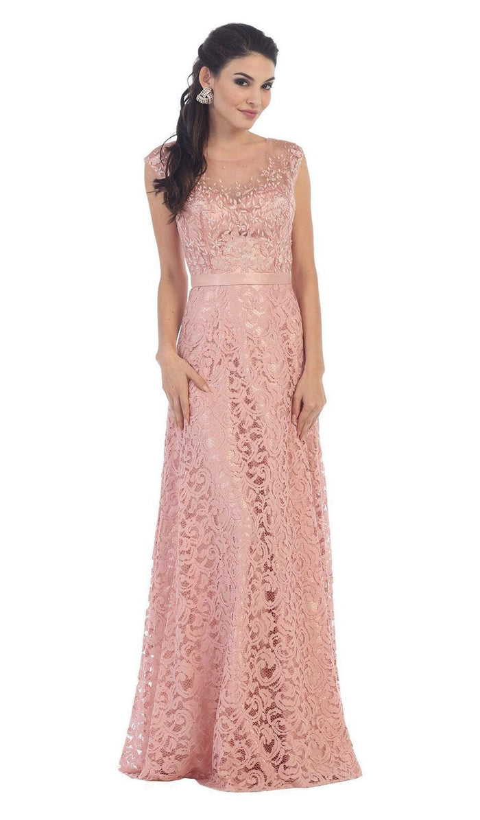 Embroidered Lace Illusion Bateau Long Formal Dress