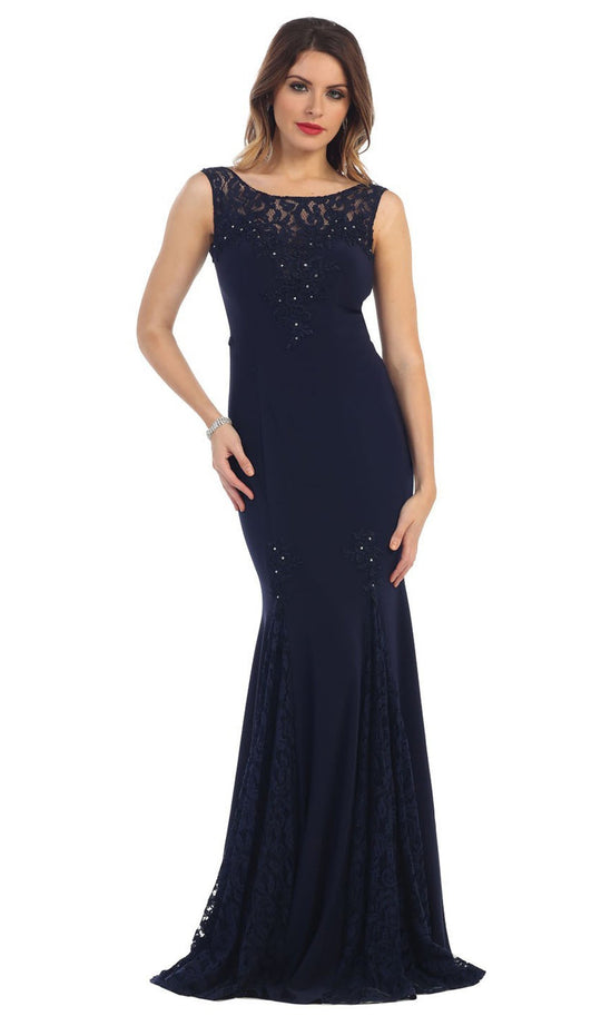 May Queen - MQ1250 Embroidered Sleeveless Bateau Neck Evening Dress In Blue