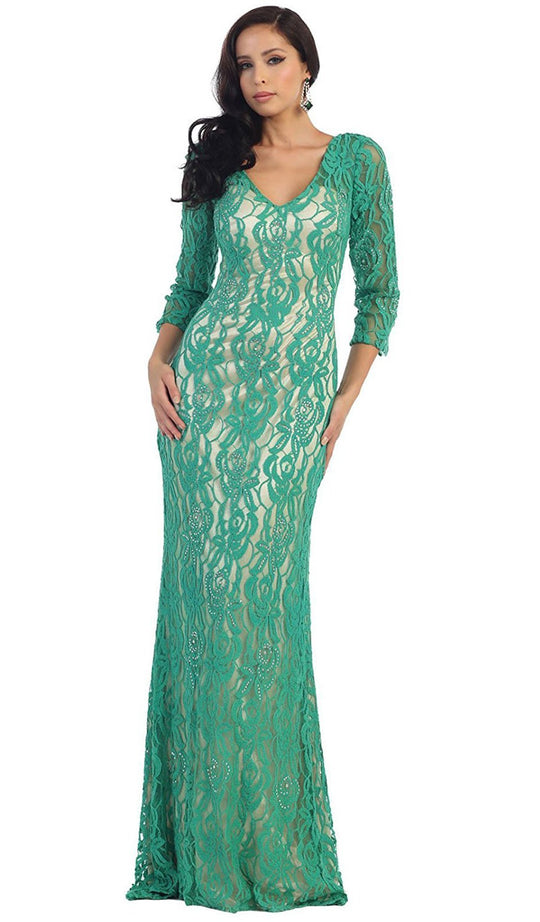 May Queen - MQ1254 Overlaid Lace V-Neck Sheath Evening Gown in Green