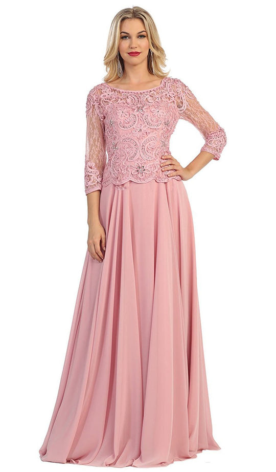 May Queen - Quarter Sleeve Lacy Chiffon Evening Gown