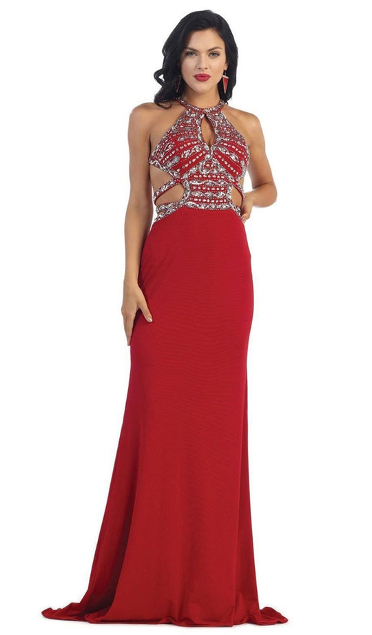 Crisscrossed Cutout Jeweled Sheath Prom Gown