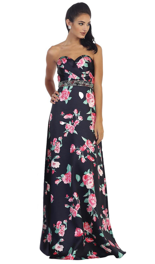 May Queen - MQ1403 Strapless Floral Print Evening Gown In Blue and Pink 