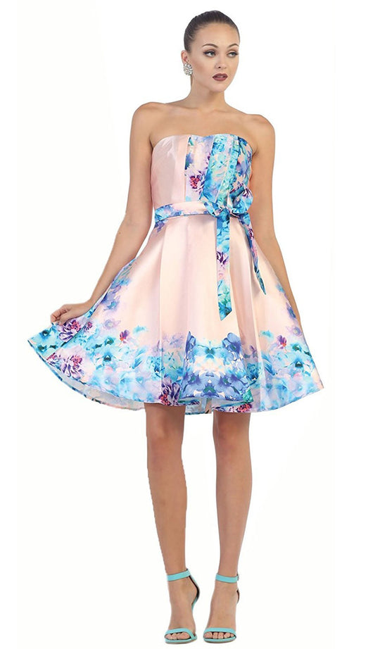 Strapless Pleated Floral Cocktail Dress