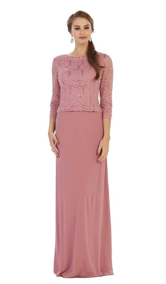 May Queen - MQ1279 Exquisite Lace Quarter Sleeve Long Evening Gown