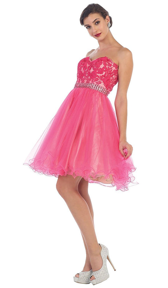 May Queen - MQ1425 Flirty Laced Embellished Sweetheart A-Line Cocktail Dress in Pink