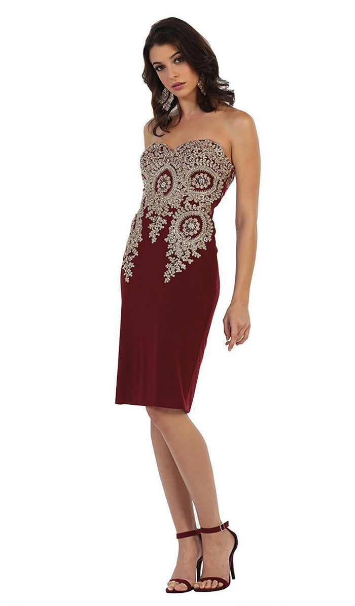 Metallic Lace Ornate Strapless Short Formal Dress
