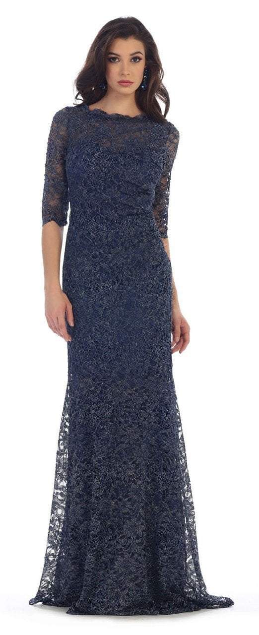 May Queen - MQ1452 Lace Embellished Quarter Length Sleeve Mermaid Gown in Blue