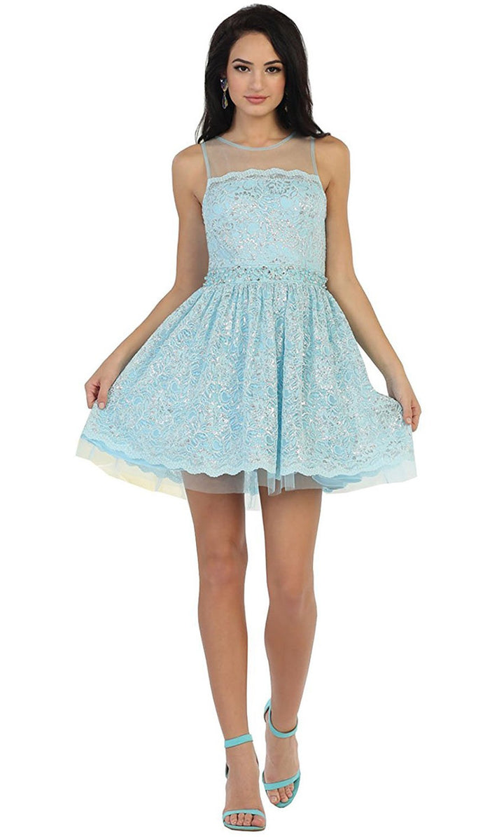 Lace Sheer Jewel A-line Cocktail Dress
