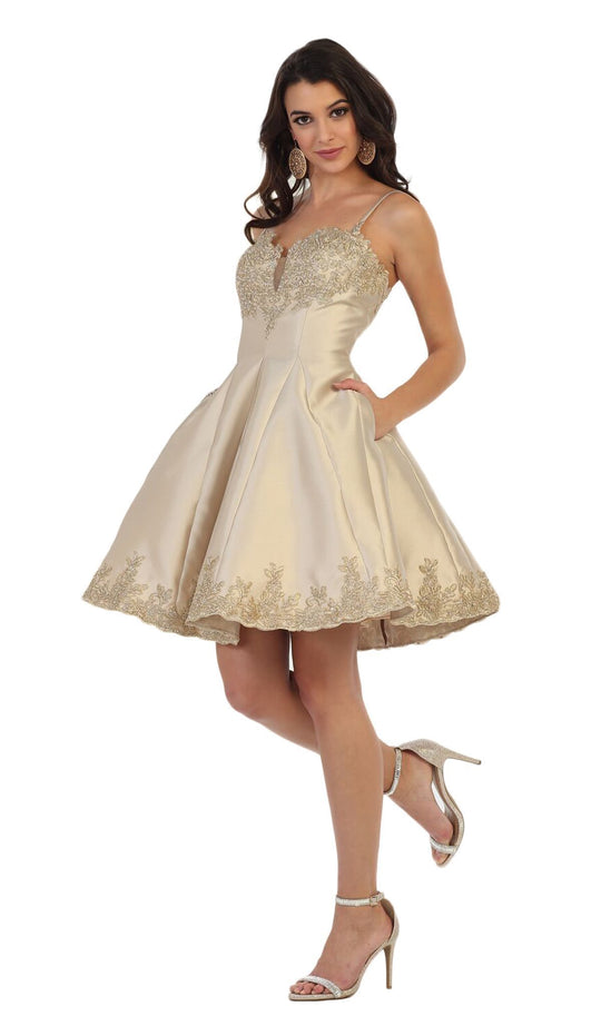 May Queen - MQ1445 Gilded Lace Applique Mikado Cocktail Dress