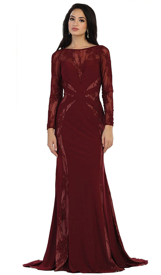 Paneled Sheer Lace Sheath Long Evening Gown
