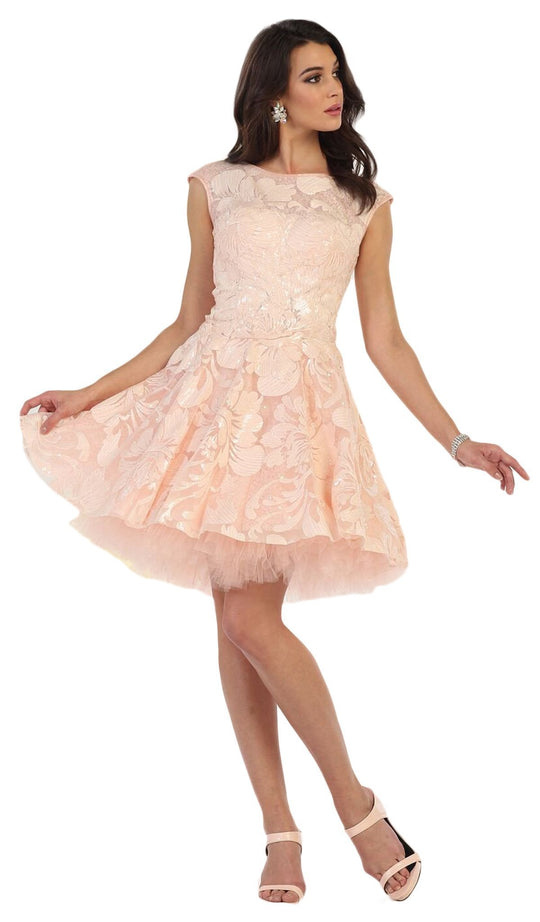 Cap Sleeve Floral Tulle Cocktail Dress
