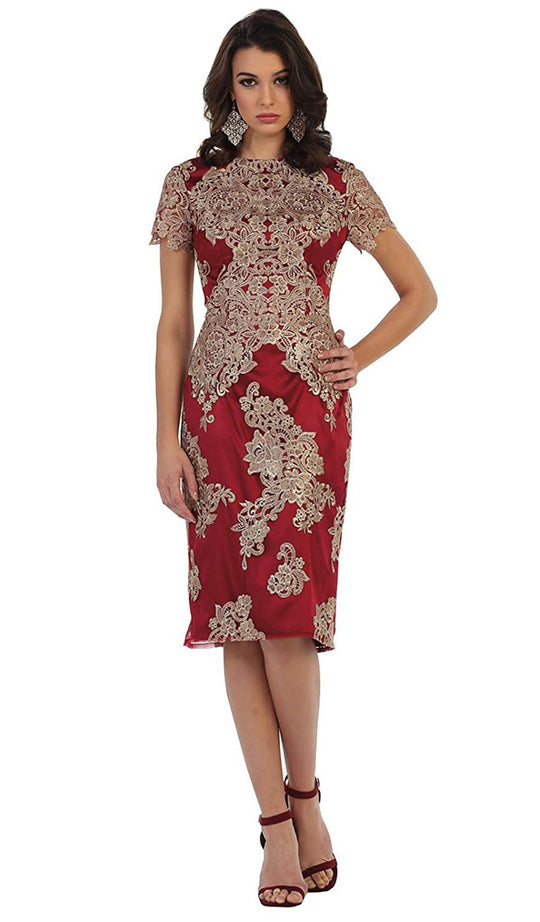 Embroidered Short Sleeve Column Formal Dress
