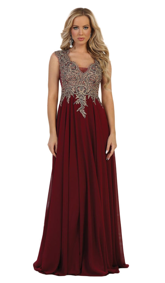 May Queen - MQ1523 Embellished Scalloped V-neck A-line Prom Dress