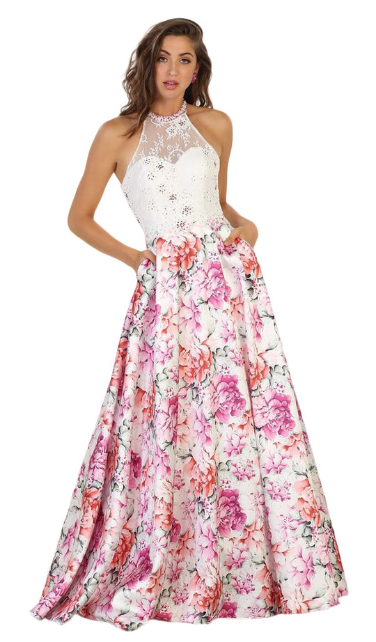 May Queen - Halter Floral Print Jacquard A-line Evening Dress