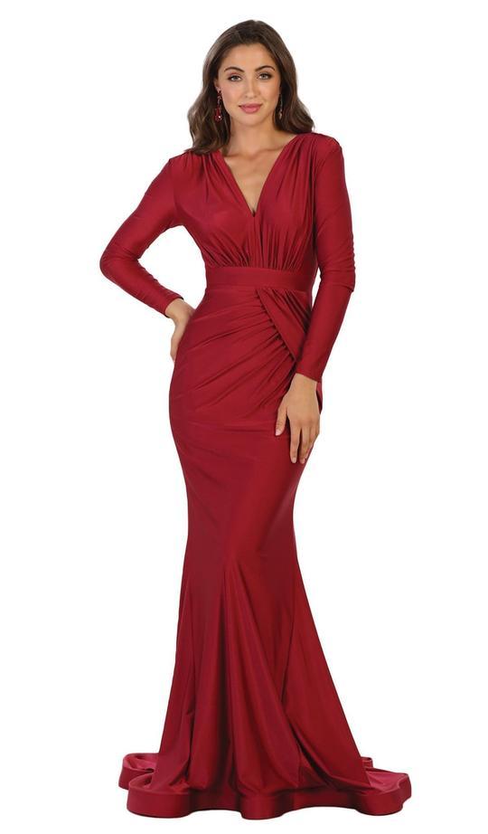 May Queen - Ruched Plunging V-Neck Long Sleeves Gown In Red