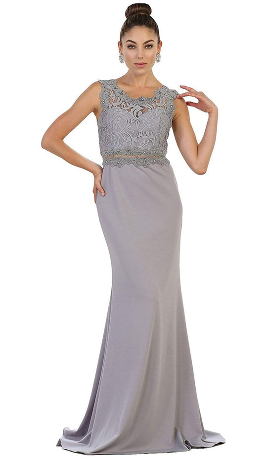May Queen - Lace Bodice Illusion Paneled Sheath Evening Gown