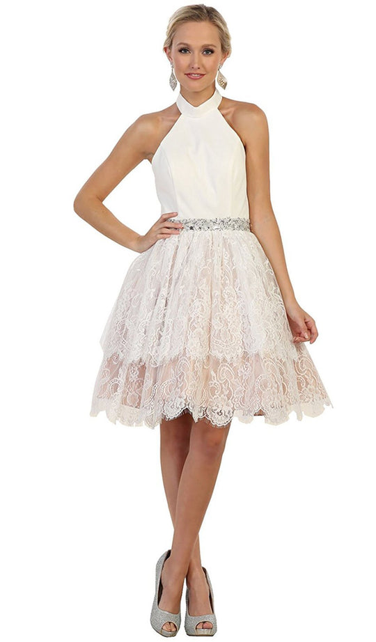 May Queen - MQ1558 Embellished Halter Lace A-line Cocktail Dress