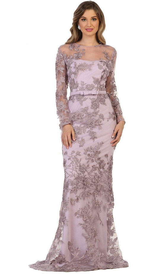 Floral Lace Illusion Bateau Sheath Evening Dress
