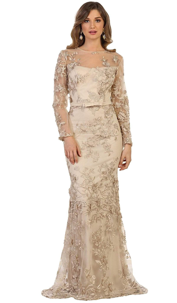 Floral Lace Illusion Bateau Sheath Evening Dress