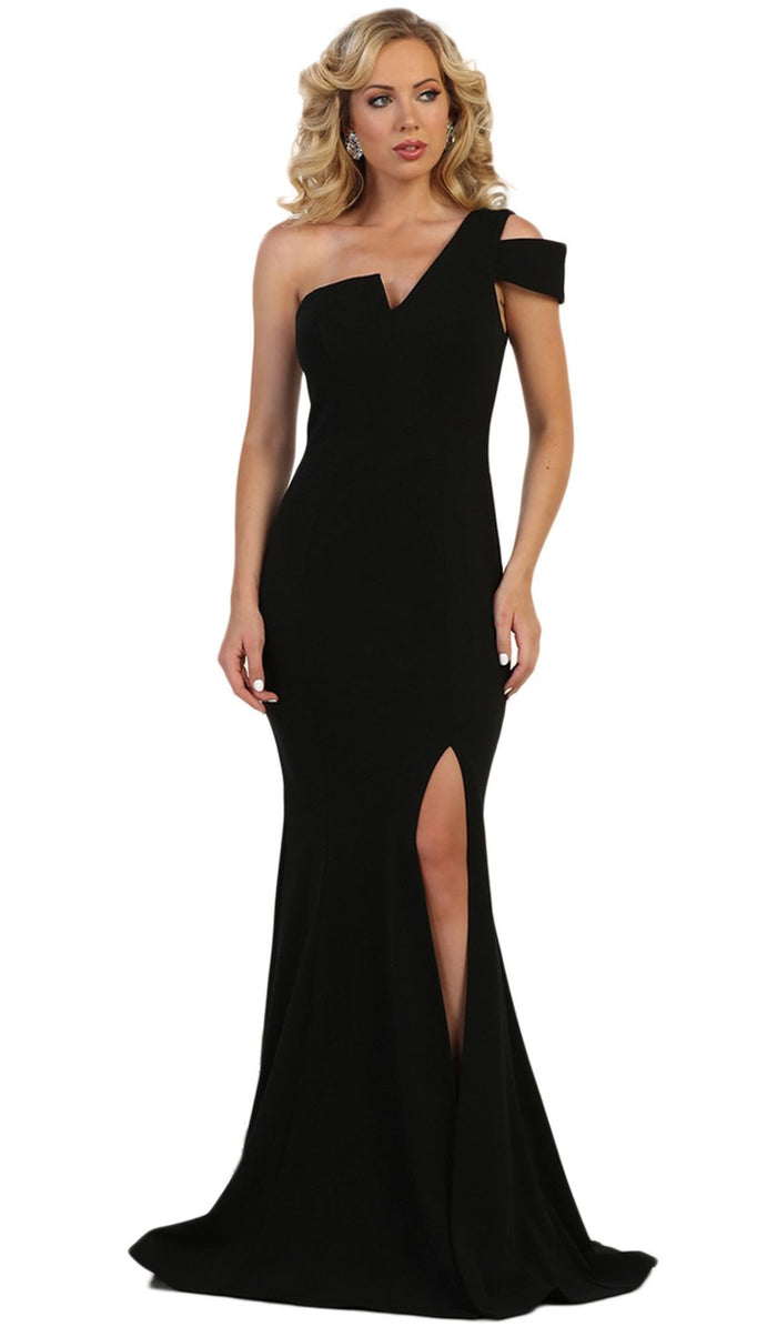 Fitted One Shoulder Strap Evening Dress with Slit