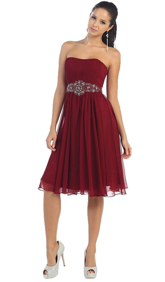 Pleated Sweetheart Bejeweled Waist Cocktail Dress