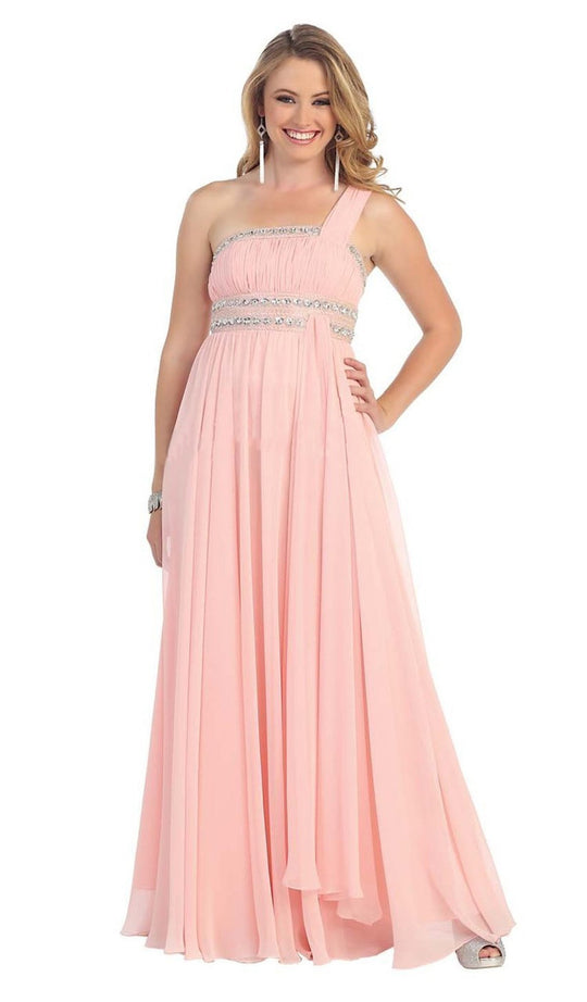 May Queen - MQ748 One Shoulder Strap Bejeweled Straight Neck Chiffon Prom Dress In Pink