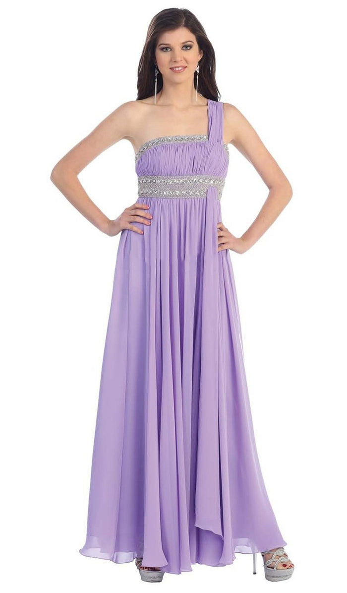 One Shoulder Strap Bejeweled Straight Neck Chiffon Prom Dress