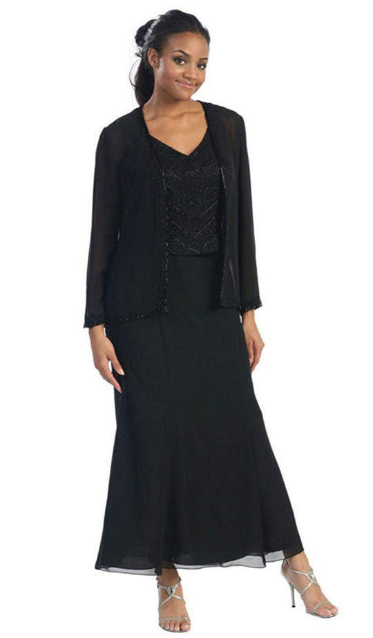 May Queen - Shimmering Chevron Detailed Evening Gown with Long Sleeve Sheer Jacket