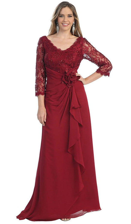 May Queen - Sheer Long Sleeve Floral Accented A-Line Evening Dress