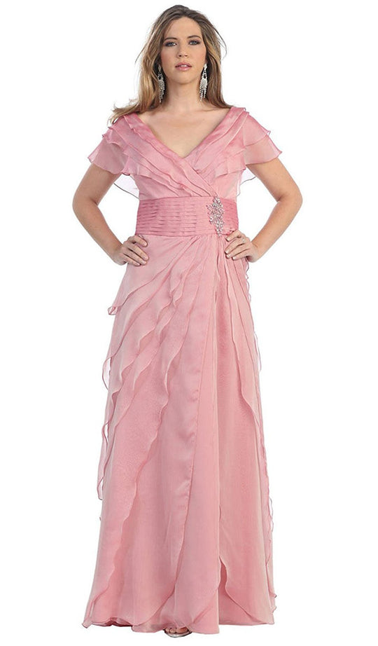 May Queen - MQ831 Tiered Chiffon Surplice V-Neck Formal Dress In Pink