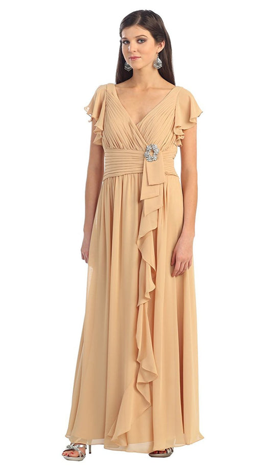 May Queen - MQ924 Butterfly Sleeve Ruched V-Neck Draping Evening Dress In Gold