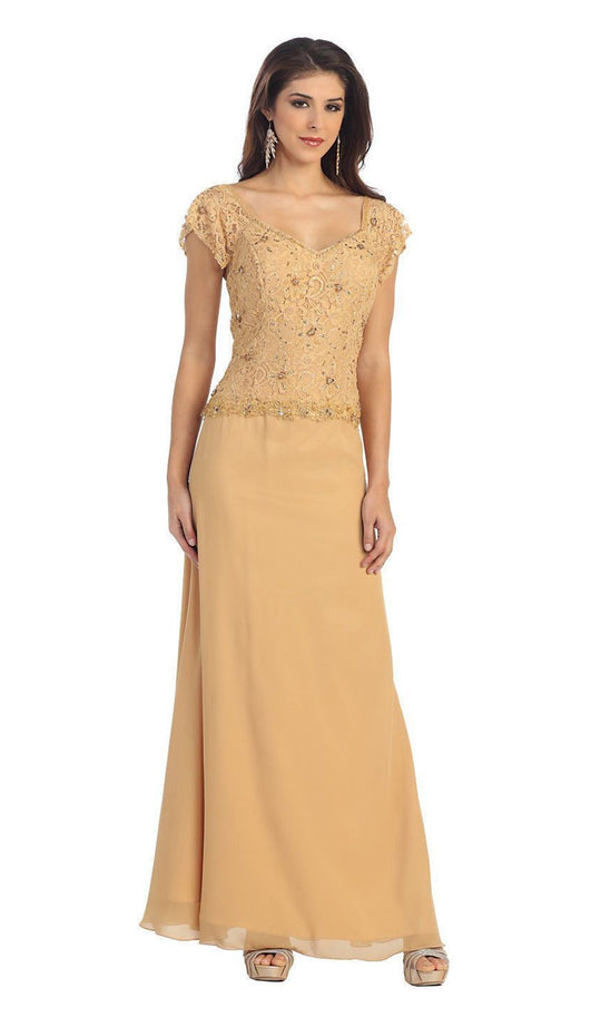 Cap Sleeve Beaded Lace Bodice Long Evening Dress