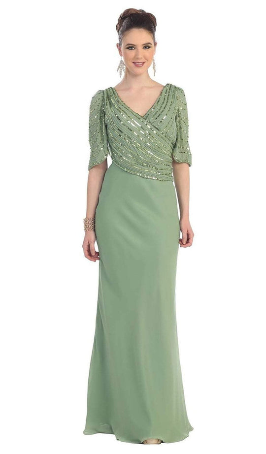 May Queen - Draped Sleeve Sequined Sheath Evening Dress