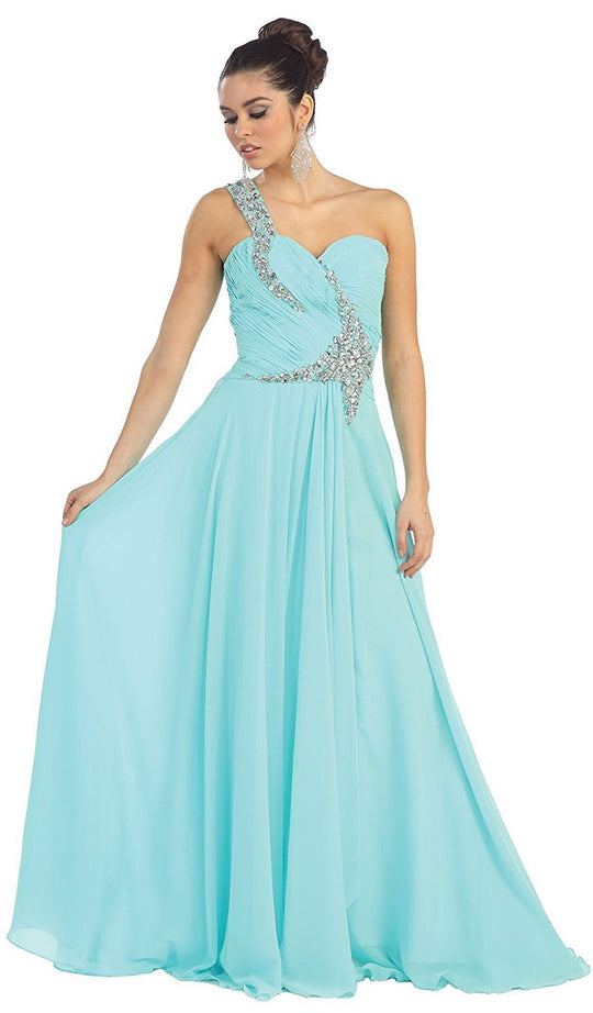 May Queen - Rhinestone Embellished Pleated Evening Gown in Blue