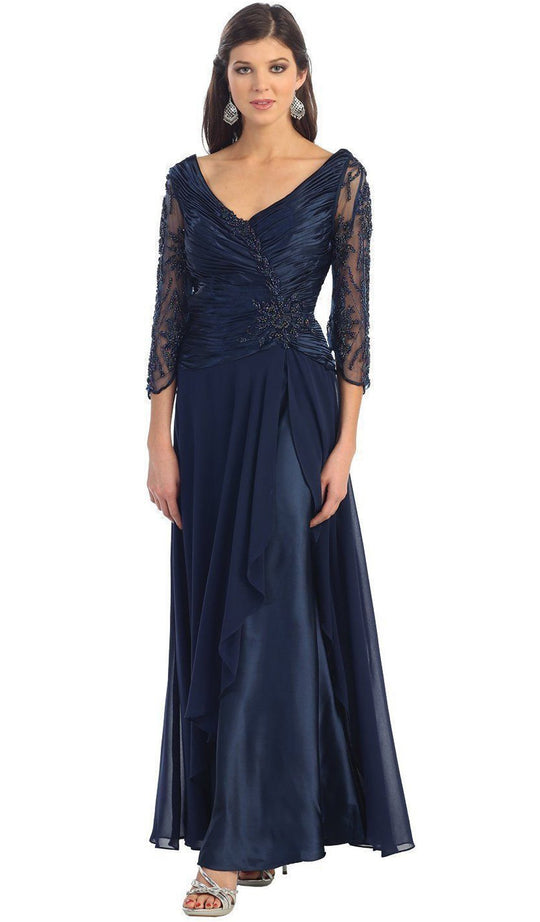 May Queen - Quarter Sleeve Floral Ornate Ruched A-Line Mother of the Bride Gown