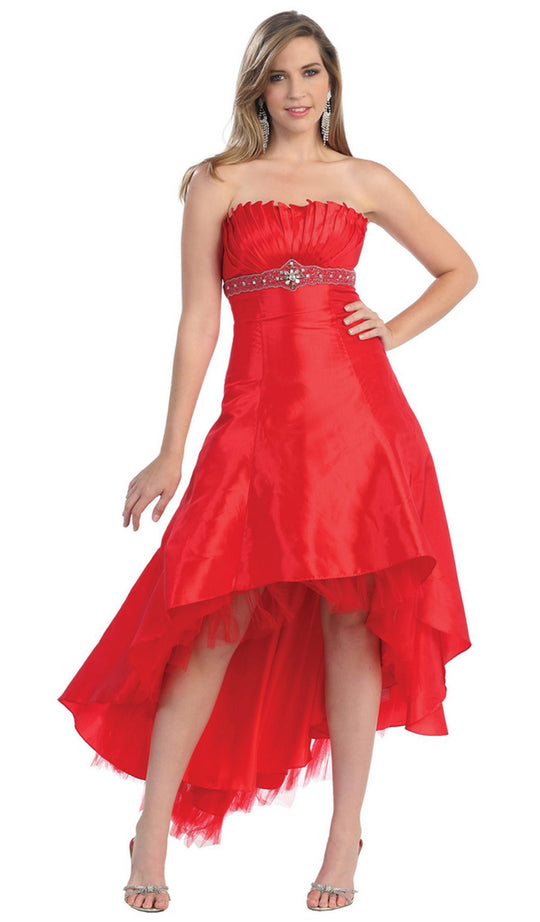 Strapless Pleated Empire High Low Prom Gown