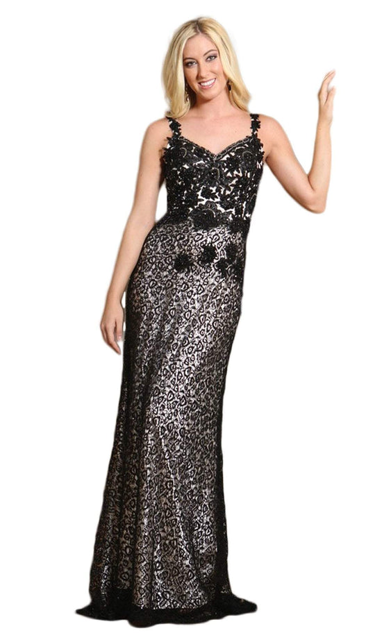 May Queen - Lace Embellished V-neck Sheath Prom Dress in Black