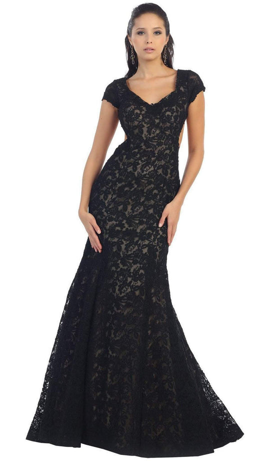 May Queen - Floral Fitted Cutout Trumpet Evening Dress in Black