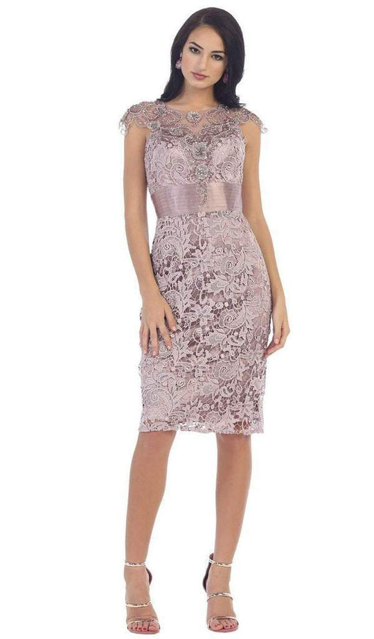 May Queen - Embroidered Illusion Jewel Sheath Dress RQ-7296 In Purple