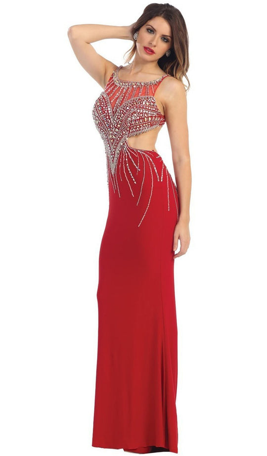May Queen - RQ-7334 Bejeweled Scoop Sheath Evening Dress in Red