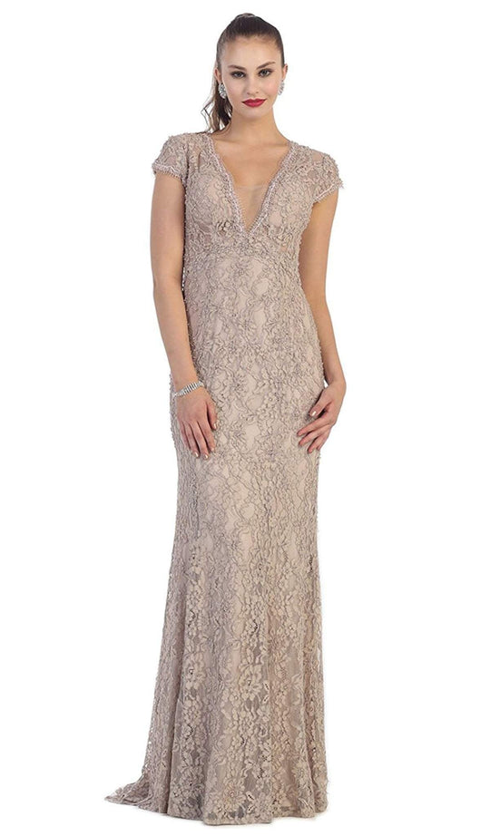 Cap Sleeve Lace Trim Prom Gown