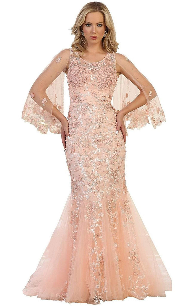 Floral Applique Jewel Neck Trumpet Formal Gown