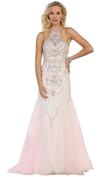 May Queen - RQ-7572 Bedazzled Halter Neck Sheath Evening Gown In Pink