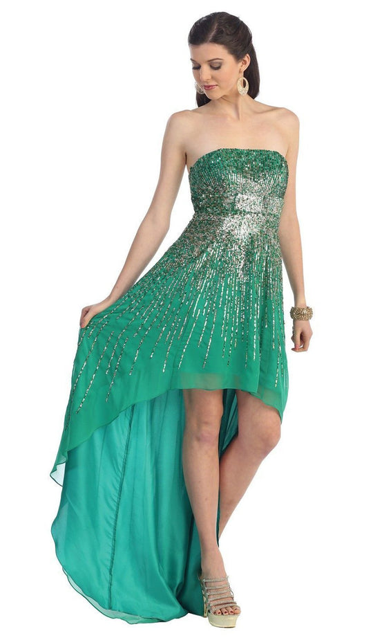 May Queen - Metallic Sequined Strapless High Low Prom Gown