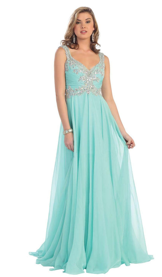 May Queen - RQ7146B Sleeveless Ruched Ornate Evening Gown